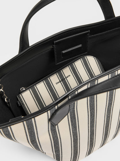 CHARLES & KEITH Classic / Large Ivanna Canvas Striped Tote Bag - Noir
