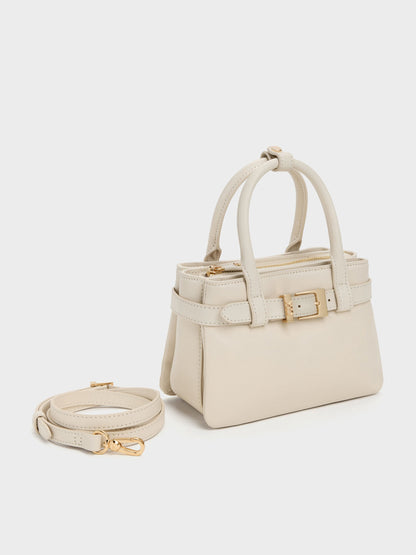 CHARLES & KEITH Hot Sale / Jody Leather Belted Tote Bag - Chalk
