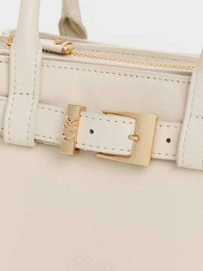CHARLES & KEITH Hot Sale / Jody Leather Belted Tote Bag - Chalk