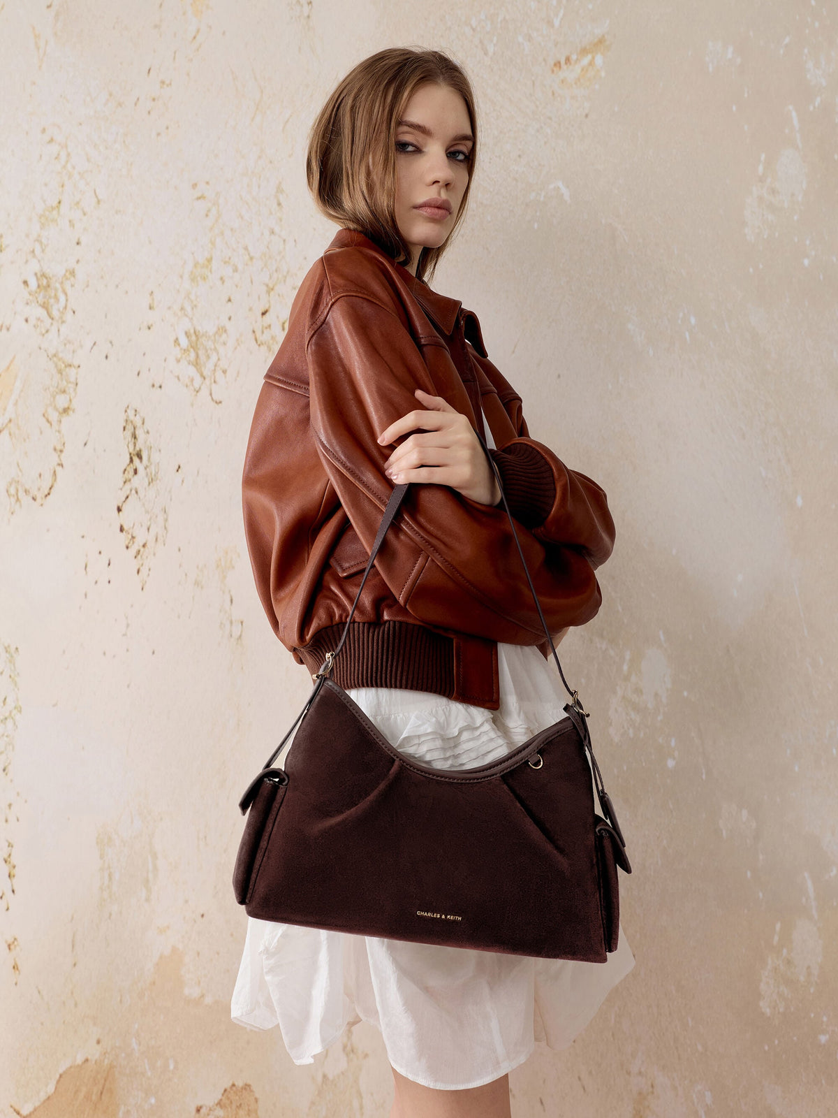 CHARLES & KEITH New / Khai Side-Pocket Shoulder Bag - Espresso Brown