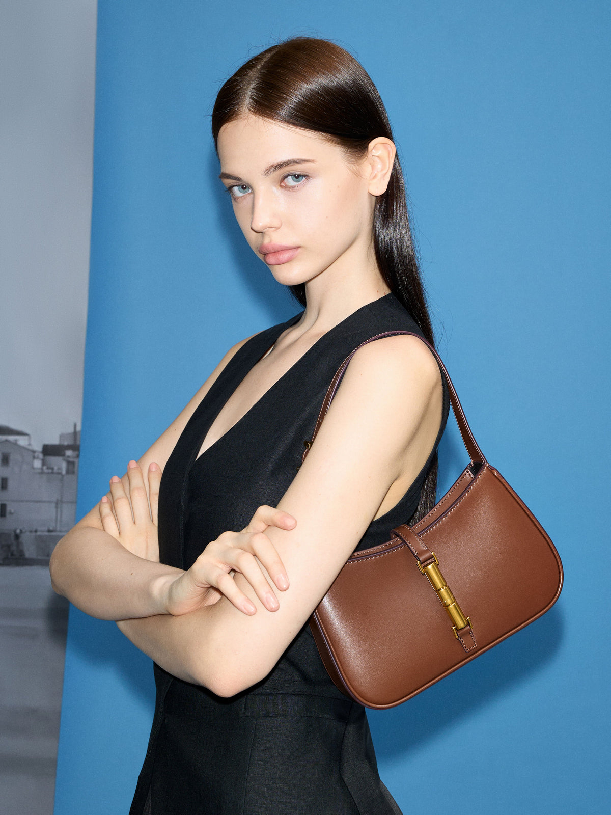 CHARLES & KEITH New / Cesia Metallic-Accent Shoulder Bag - Chocolate