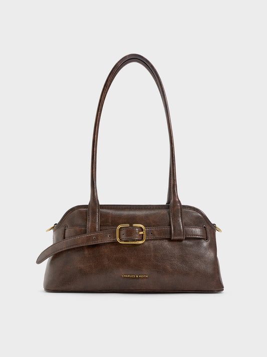 CHARLES & KEITH Everyday / Victoria Studded Belted Shoulder Bag - Distressed Coffee