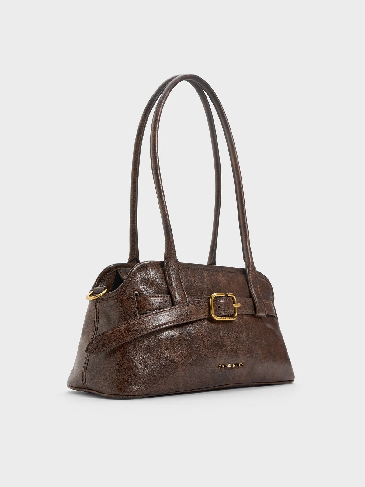 CHARLES & KEITH Everyday / Victoria Studded Belted Shoulder Bag - Distressed Coffee