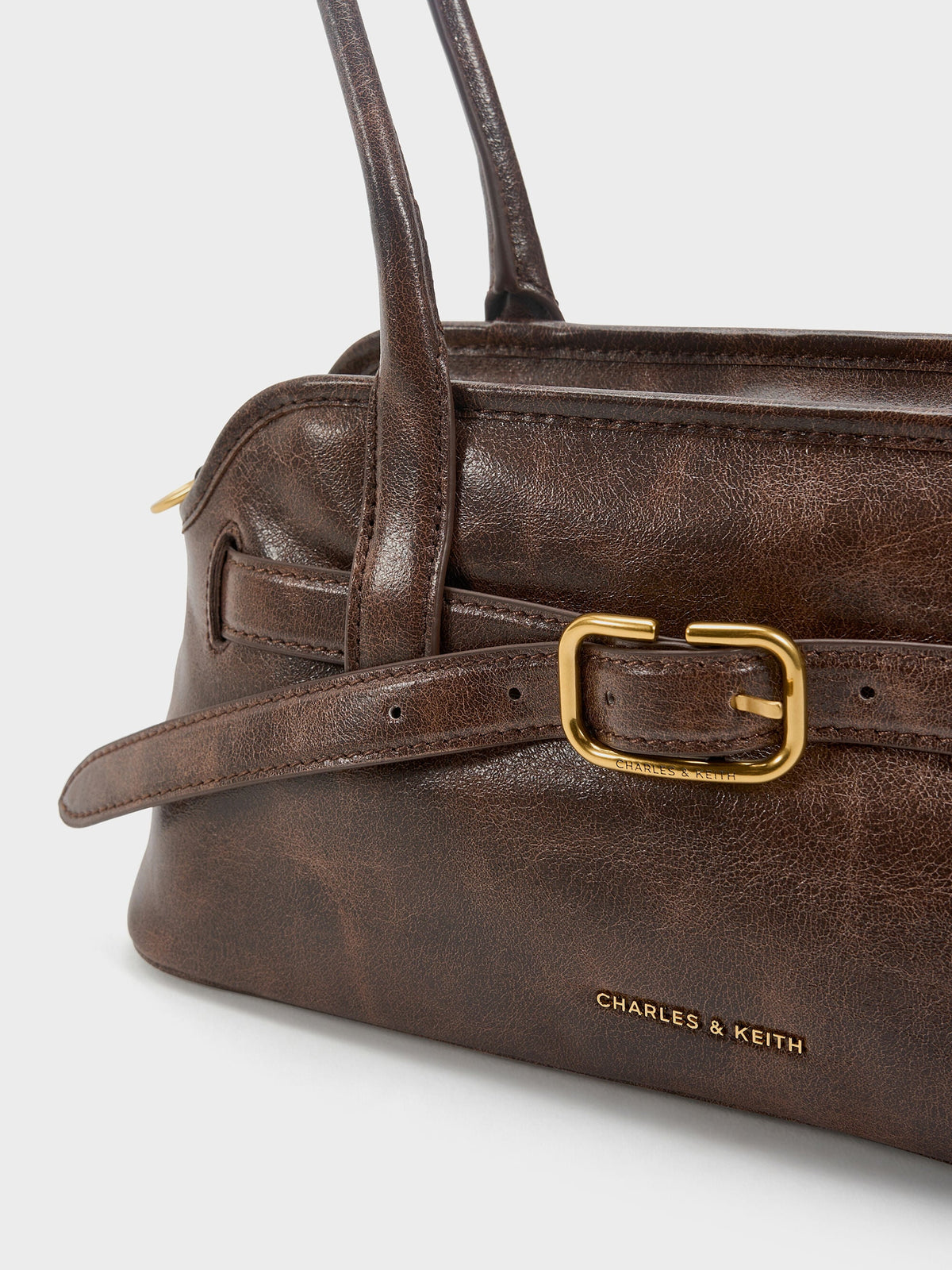 CHARLES & KEITH Everyday / Victoria Studded Belted Shoulder Bag - Distressed Coffee