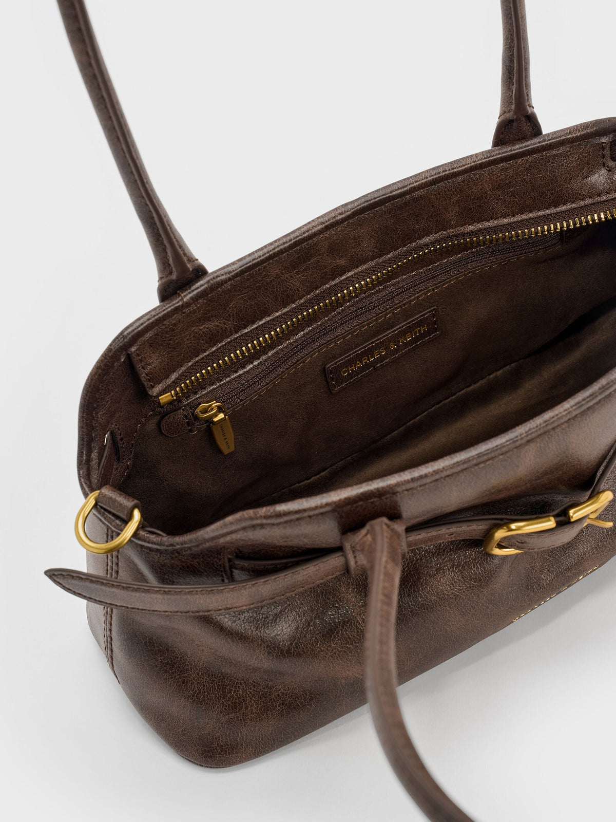 CHARLES & KEITH Everyday / Victoria Studded Belted Shoulder Bag - Distressed Coffee