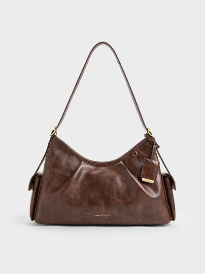 CHARLES & KEITH Premium / Khai Side-Pocket Shoulder Bag - Distressed Coffee