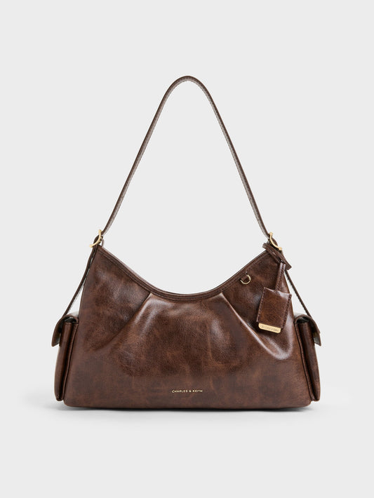 CHARLES & KEITH Premium / Khai Side-Pocket Shoulder Bag - Distressed Coffee