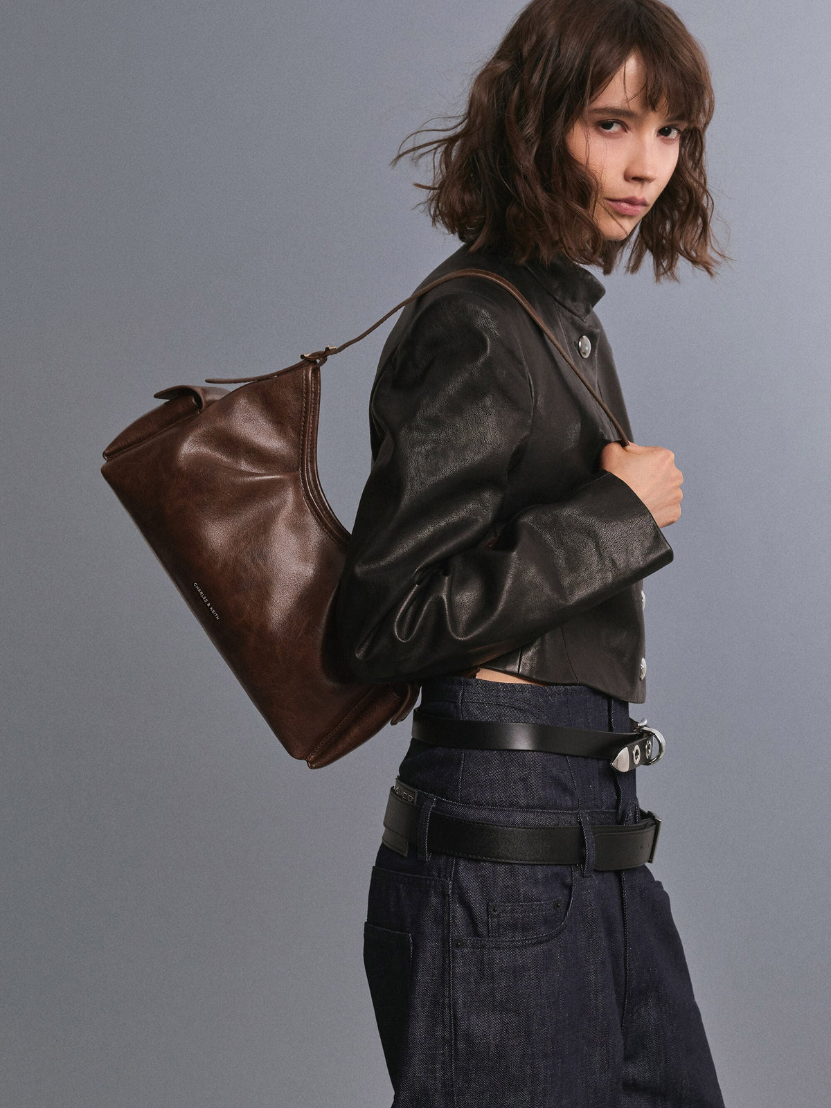 CHARLES & KEITH Premium / Khai Side-Pocket Shoulder Bag - Distressed Coffee