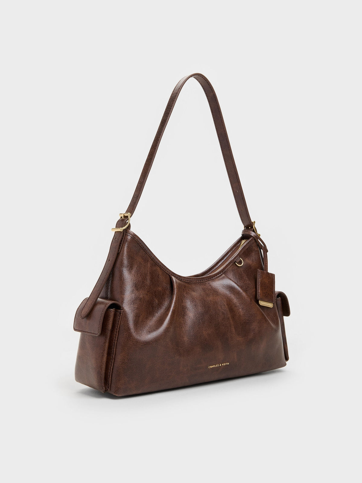 CHARLES & KEITH Premium / Khai Side-Pocket Shoulder Bag - Distressed Coffee