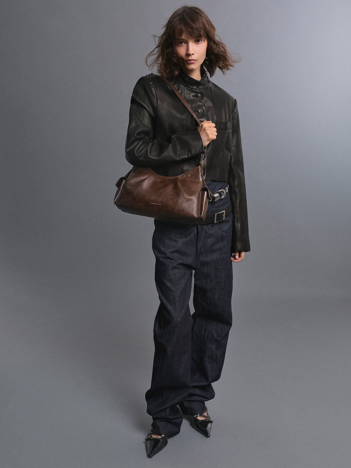 CHARLES & KEITH Premium / Khai Side-Pocket Shoulder Bag - Distressed Coffee