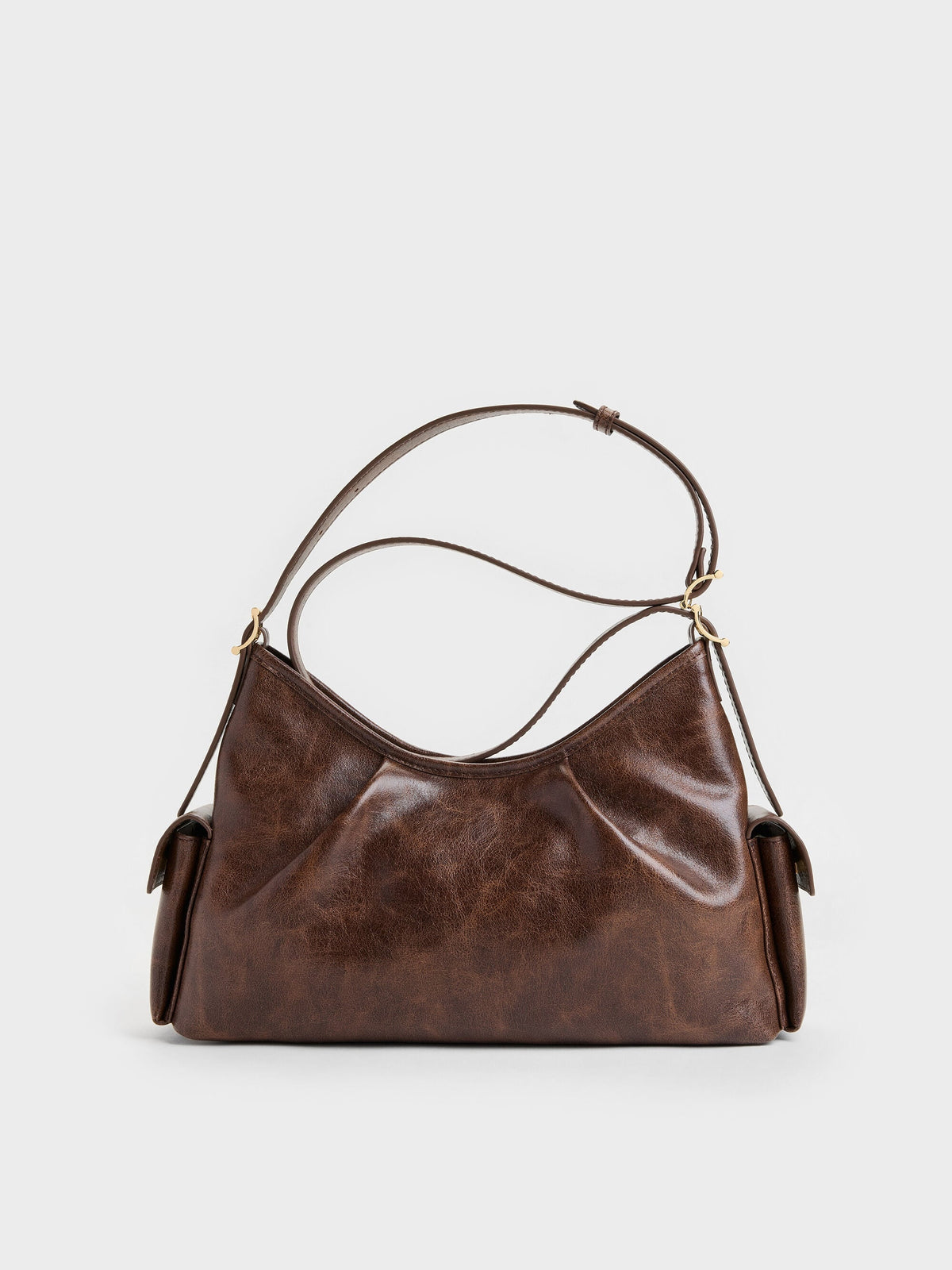 CHARLES & KEITH Premium / Khai Side-Pocket Shoulder Bag - Distressed Coffee