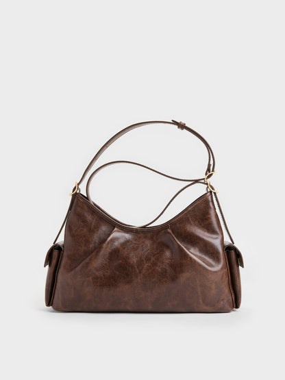 CHARLES & KEITH Premium / Khai Side-Pocket Shoulder Bag - Distressed Coffee