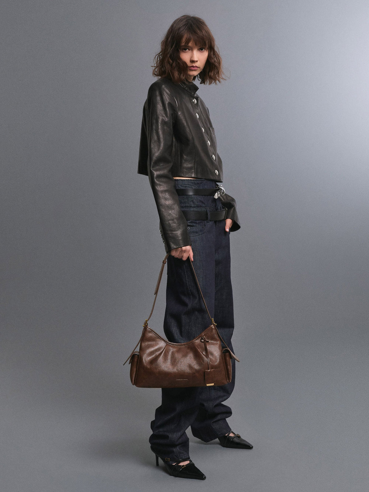 CHARLES & KEITH Premium / Khai Side-Pocket Shoulder Bag - Distressed Coffee