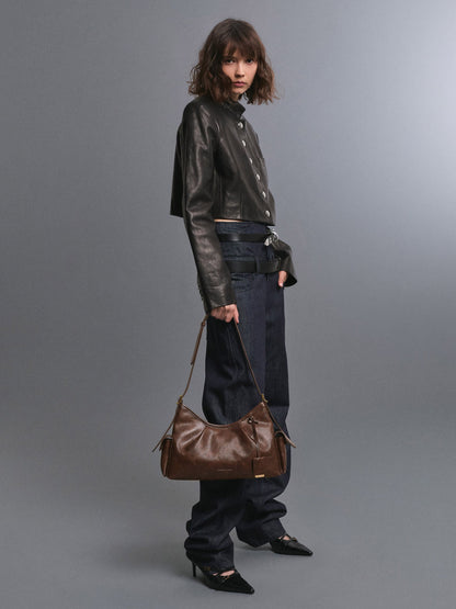 CHARLES & KEITH Premium / Khai Side-Pocket Shoulder Bag - Distressed Coffee