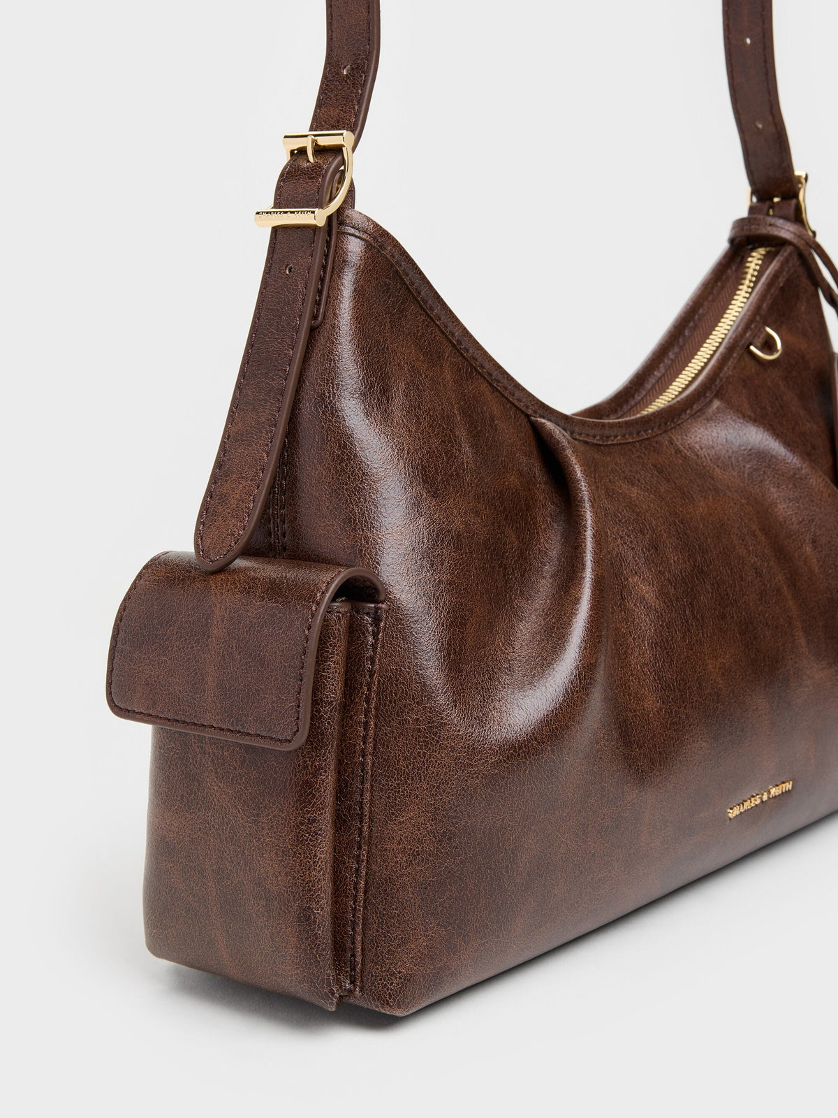 CHARLES & KEITH Premium / Khai Side-Pocket Shoulder Bag - Distressed Coffee