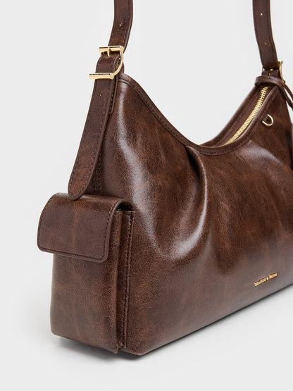 CHARLES & KEITH Premium / Khai Side-Pocket Shoulder Bag - Distressed Coffee