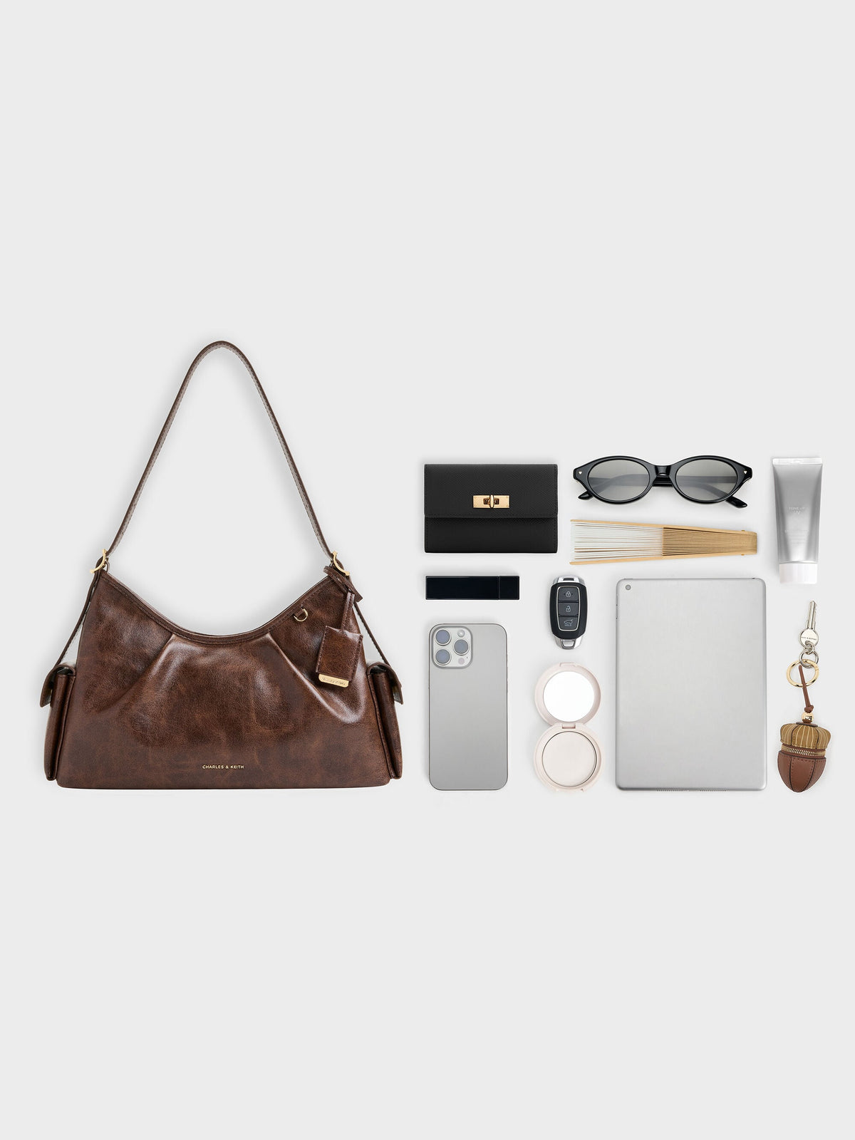 CHARLES & KEITH Premium / Khai Side-Pocket Shoulder Bag - Distressed Coffee