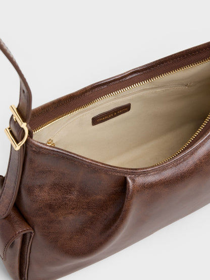 CHARLES & KEITH Premium / Khai Side-Pocket Shoulder Bag - Distressed Coffee