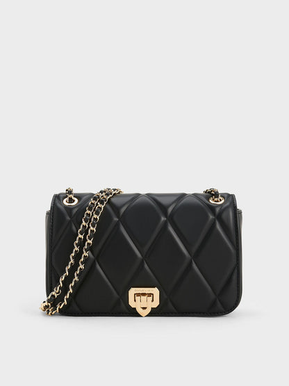 CHARLES & KEITH Top Pick / Arwen Diamond-Quilt Shoulder Bag - Black