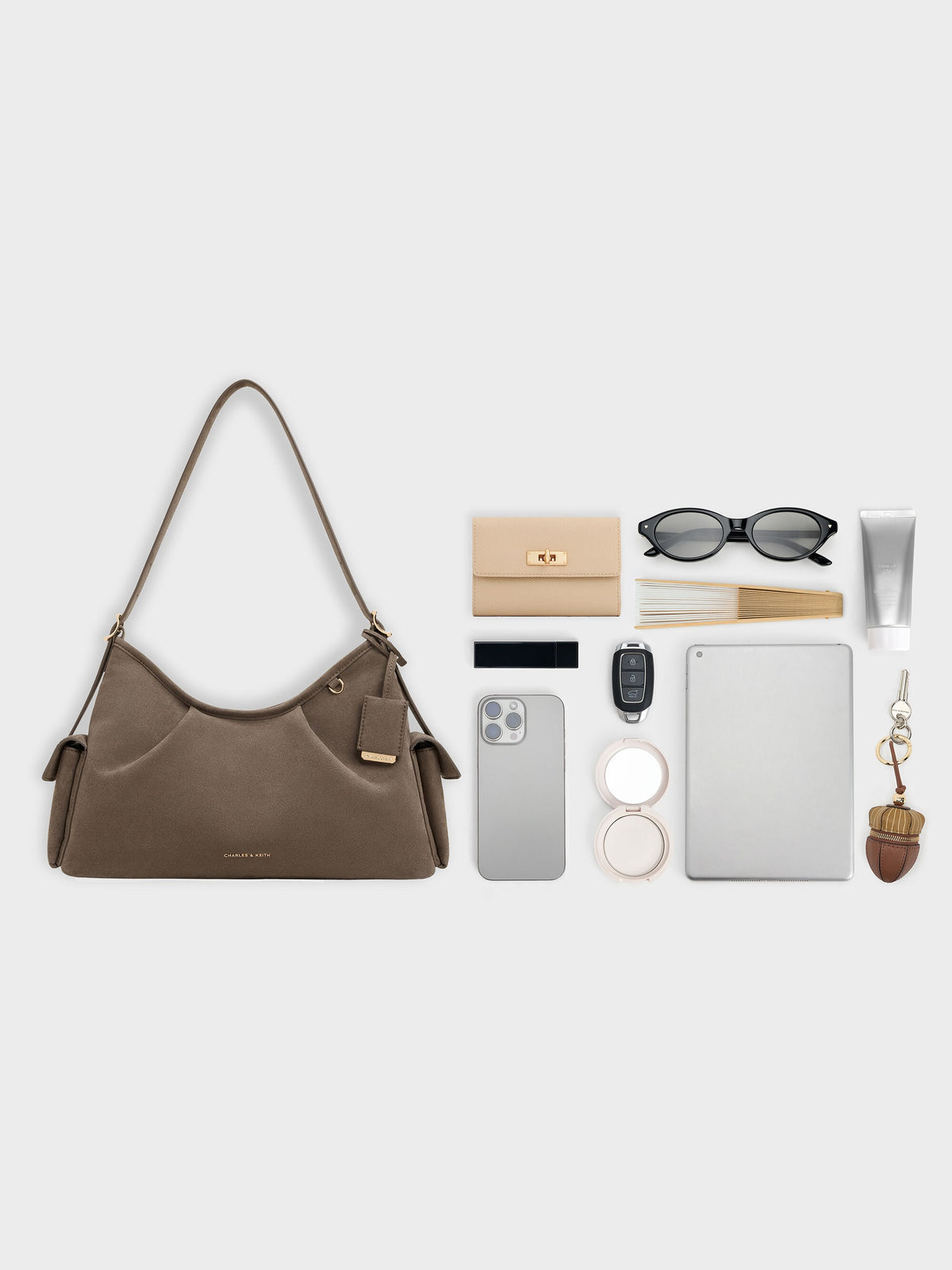 CHARLES & KEITH Everyday / Khai Side-Pocket Shoulder Bag - Stone Grey