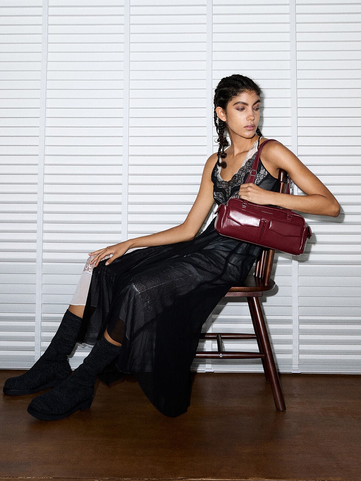 CHARLES & KEITH Latest / Rachel Multi-Pocket Shoulder Bag - Burgundy