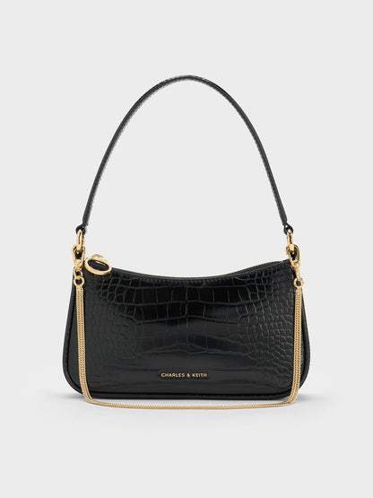 CHARLES & KEITH Latest / Elspeth Croc-Effect Chain-Link Shoulder Bag - Black Croco