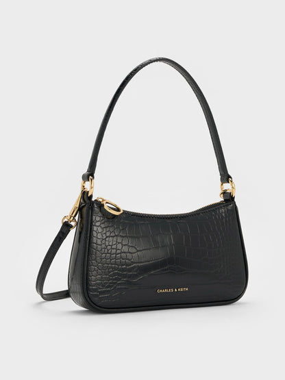 CHARLES & KEITH Latest / Elspeth Croc-Effect Chain-Link Shoulder Bag - Black Croco