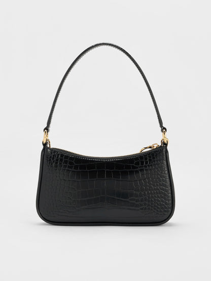 CHARLES & KEITH Latest / Elspeth Croc-Effect Chain-Link Shoulder Bag - Black Croco