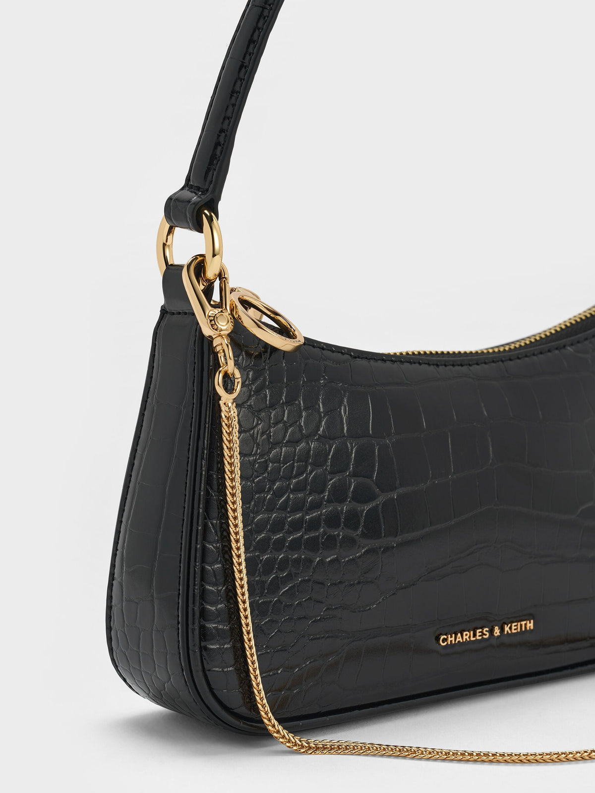 CHARLES & KEITH Latest / Elspeth Croc-Effect Chain-Link Shoulder Bag - Black Croco