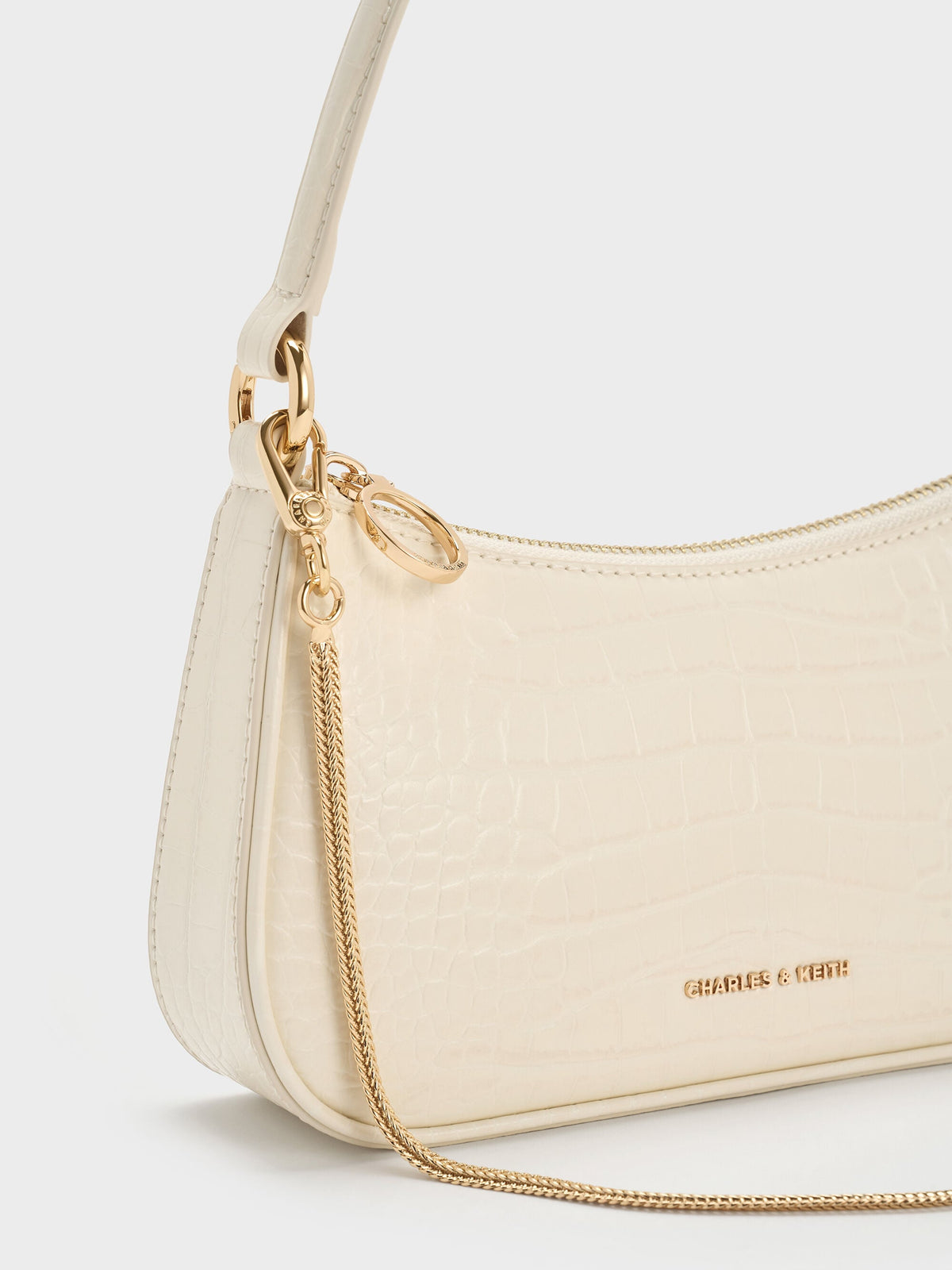 CHARLES & KEITH Everyday / Elspeth Croc-Effect Chain-Link Shoulder Bag - Cream Croco