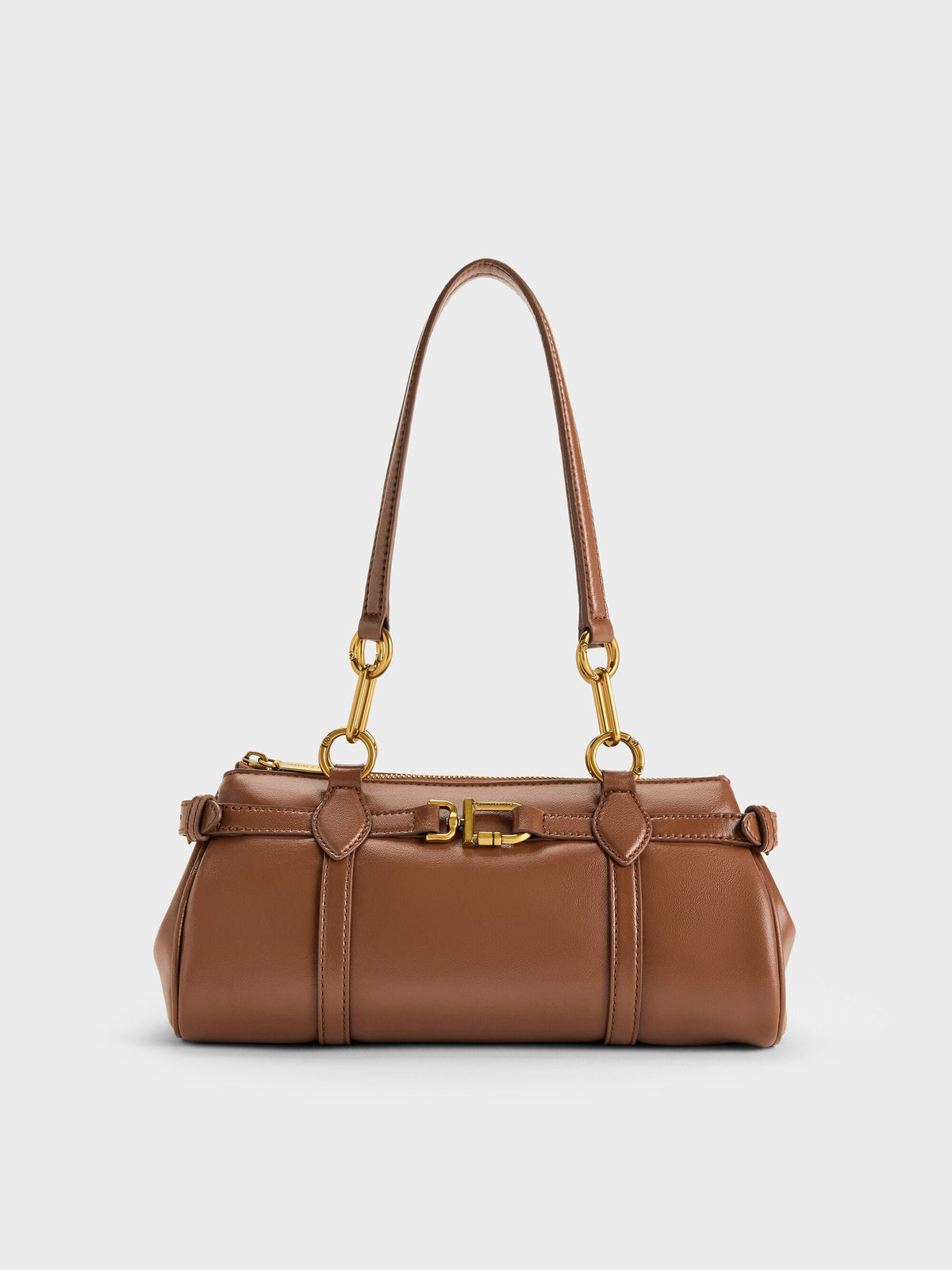 CHARLES & KEITH Classic / Gwynne Metallic-Accent Elongated Shoulder Bag - Chocolate