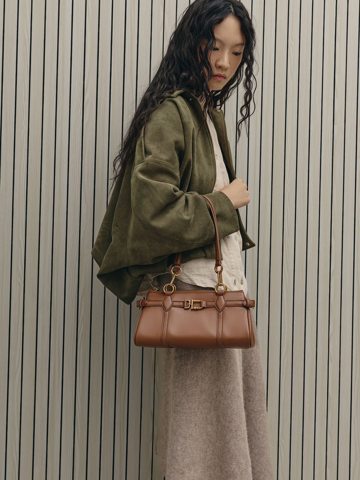 CHARLES & KEITH Classic / Gwynne Metallic-Accent Elongated Shoulder Bag - Chocolate