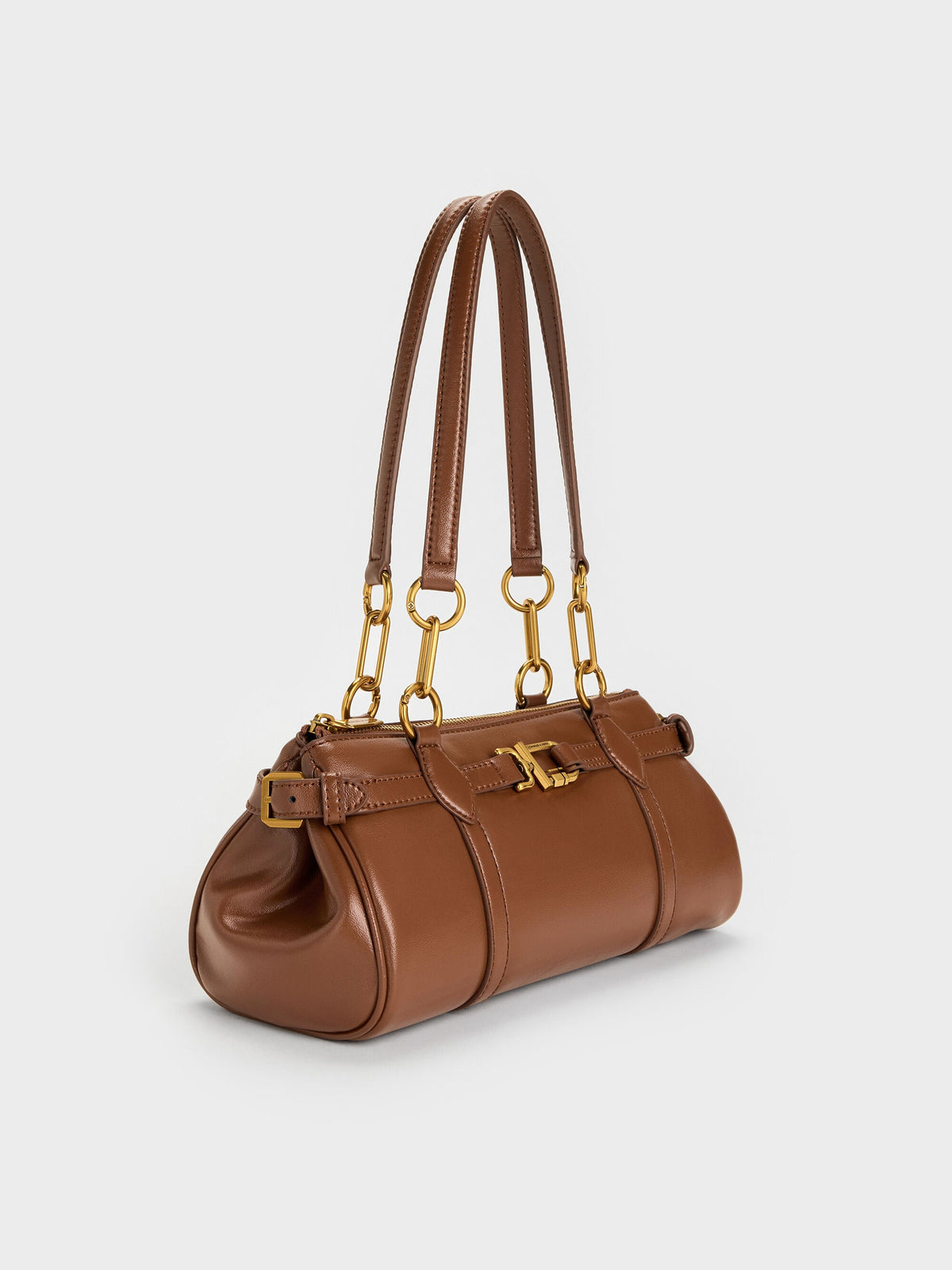 CHARLES & KEITH Classic / Gwynne Metallic-Accent Elongated Shoulder Bag - Chocolate
