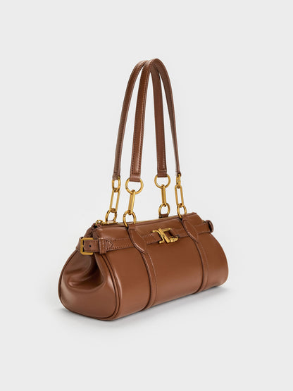 CHARLES & KEITH Classic / Gwynne Metallic-Accent Elongated Shoulder Bag - Chocolate
