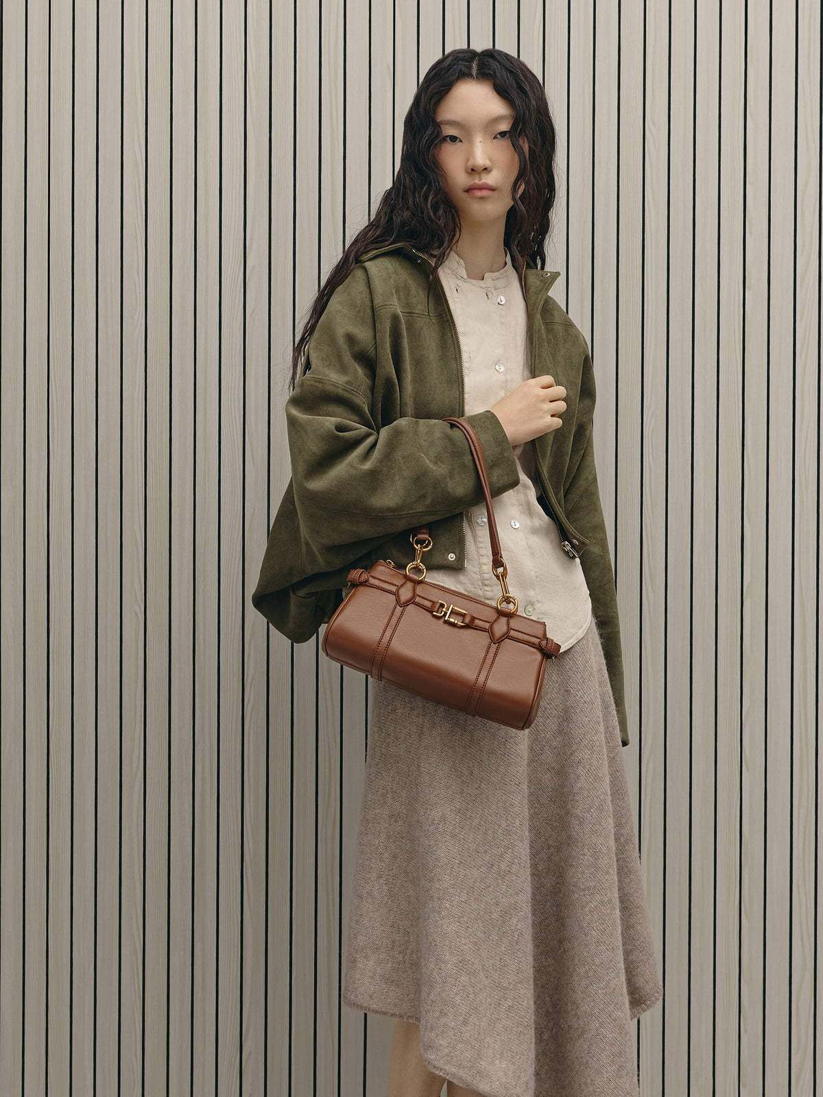 CHARLES & KEITH Classic / Gwynne Metallic-Accent Elongated Shoulder Bag - Chocolate