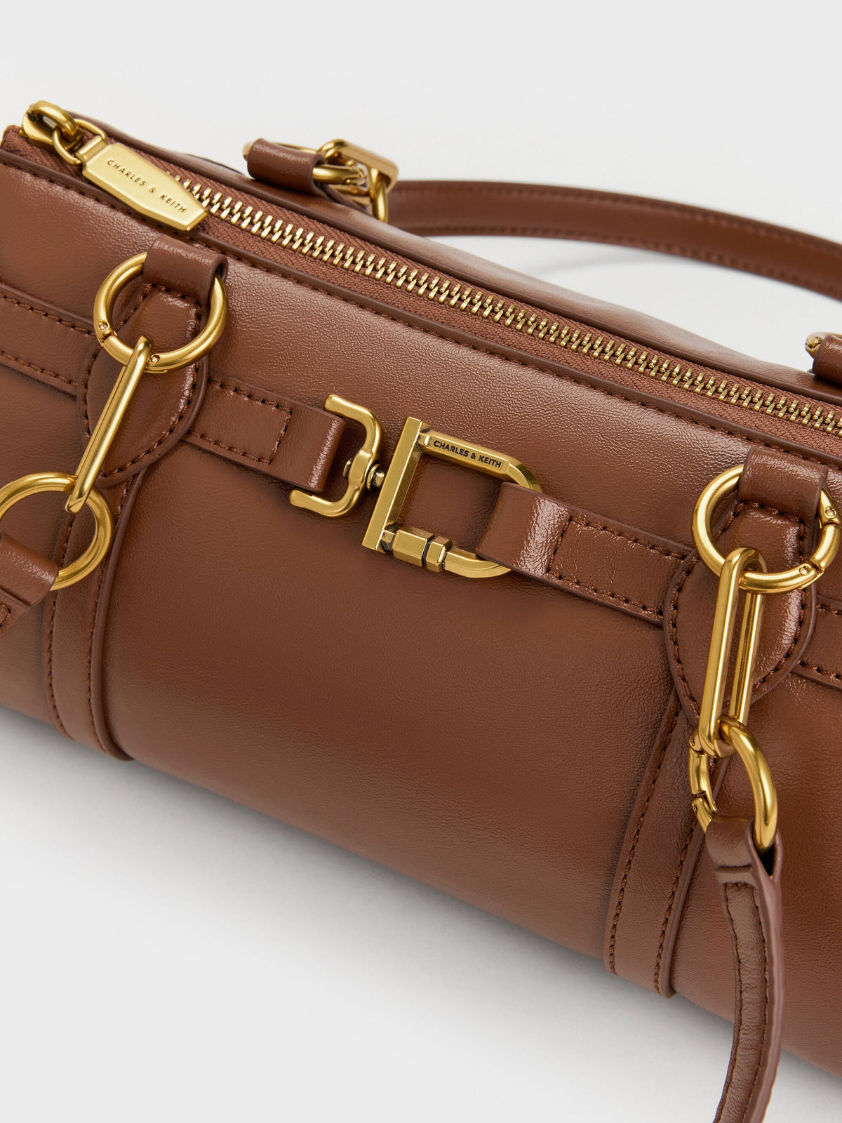 CHARLES & KEITH Classic / Gwynne Metallic-Accent Elongated Shoulder Bag - Chocolate