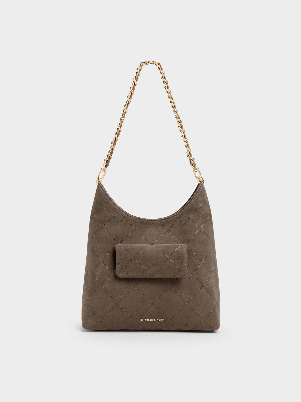 CHARLES & KEITH Exclusive / Duo Quilted Front-Pocket Chain Hobo Bag - Stone Grey