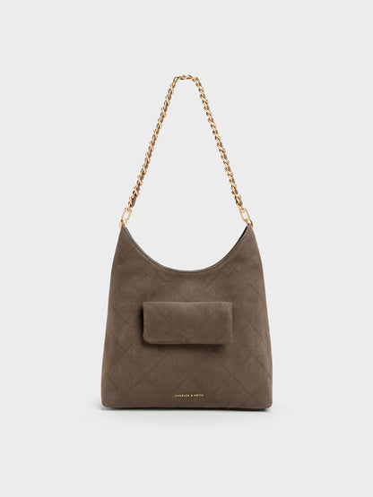 CHARLES & KEITH Exclusive / Duo Quilted Front-Pocket Chain Hobo Bag - Stone Grey
