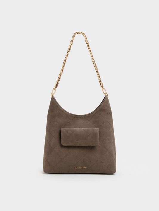 CHARLES & KEITH Exclusive / Duo Quilted Front-Pocket Chain Hobo Bag - Stone Grey