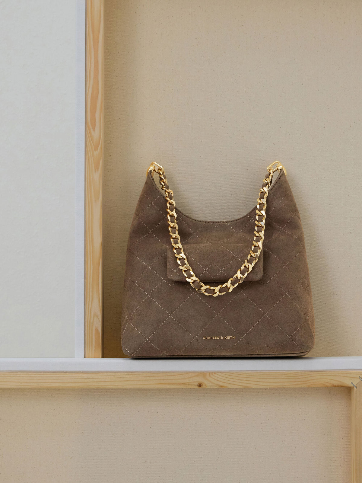 CHARLES & KEITH Exclusive / Duo Quilted Front-Pocket Chain Hobo Bag - Stone Grey