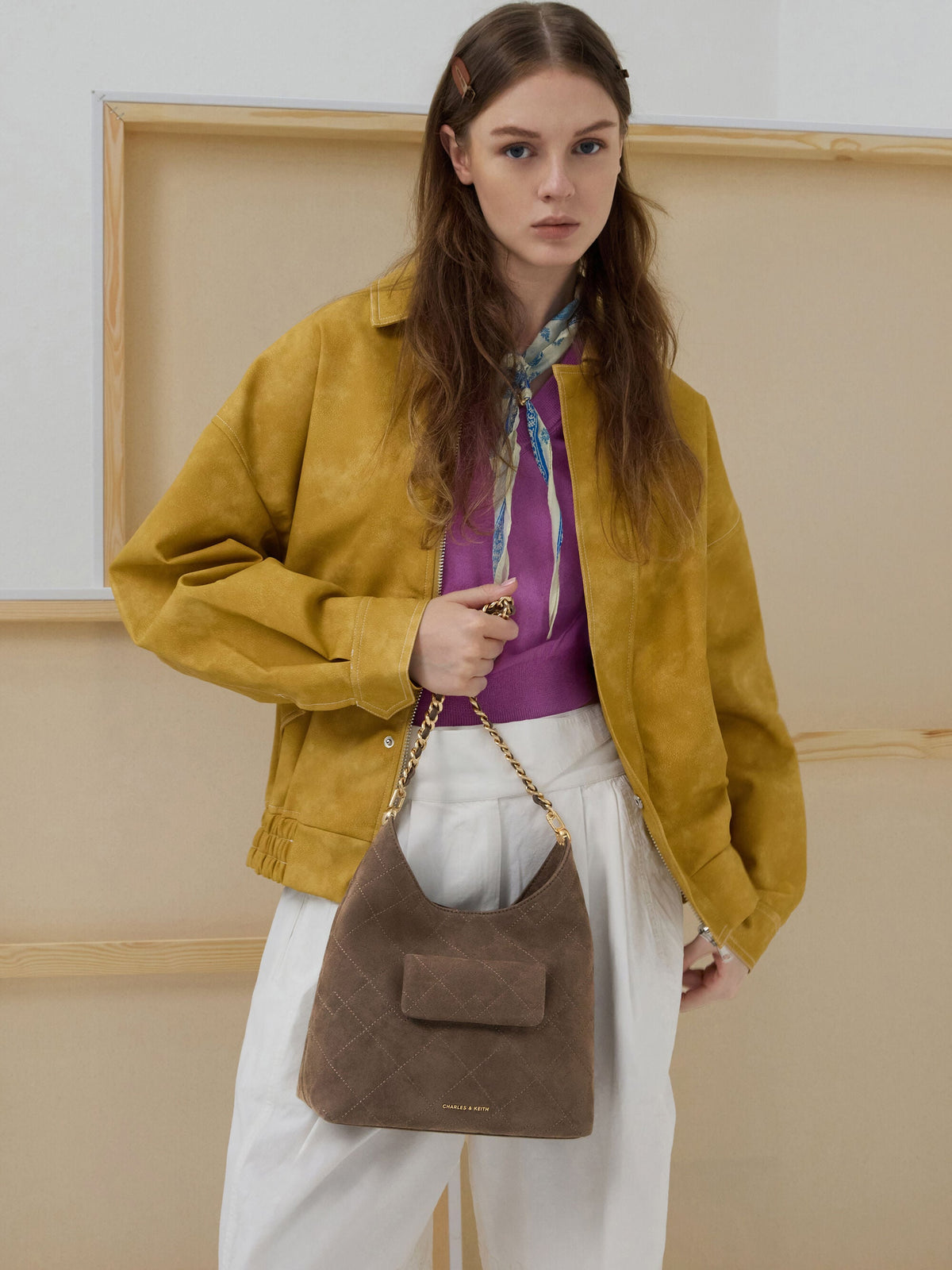 CHARLES & KEITH Exclusive / Duo Quilted Front-Pocket Chain Hobo Bag - Stone Grey