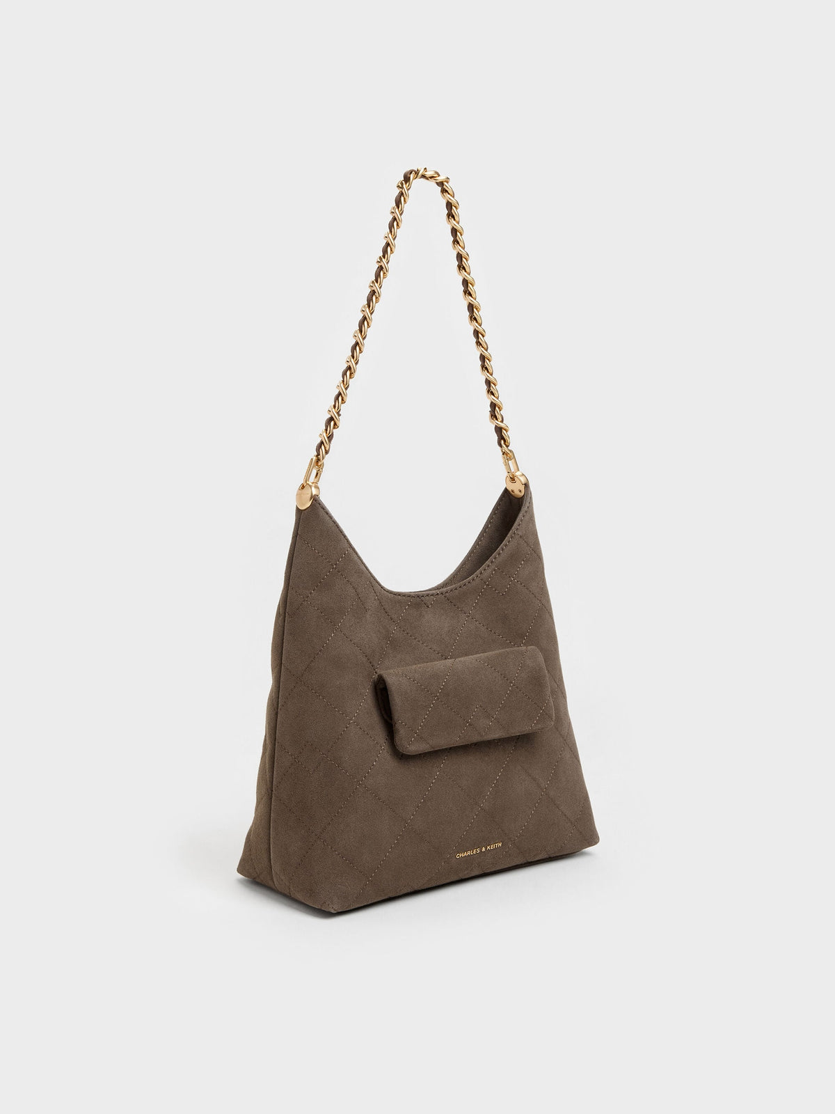 CHARLES & KEITH Exclusive / Duo Quilted Front-Pocket Chain Hobo Bag - Stone Grey