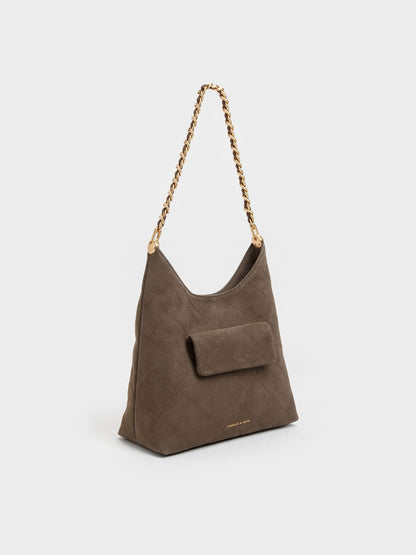 CHARLES & KEITH Exclusive / Duo Quilted Front-Pocket Chain Hobo Bag - Stone Grey