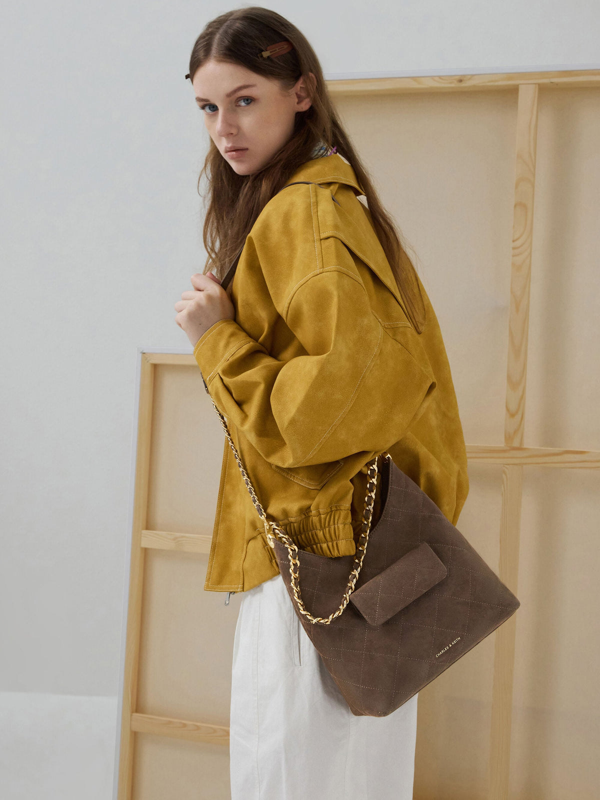 CHARLES & KEITH Exclusive / Duo Quilted Front-Pocket Chain Hobo Bag - Stone Grey