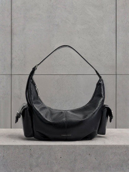 CHARLES & KEITH Best Seller / Large Bessie Side-Pocket Hobo Bag - Noir