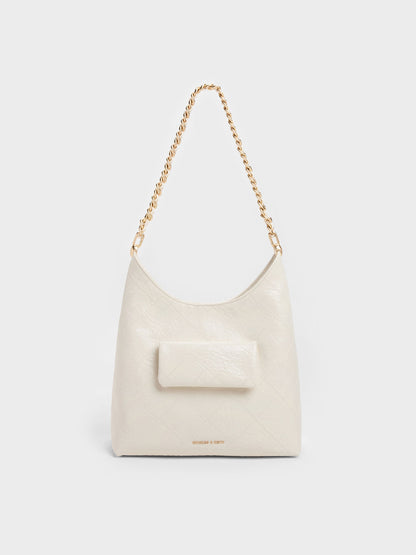 CHARLES & KEITH Smart Buy / Duo Quilted Front-Pocket Chain Hobo Bag - Cream