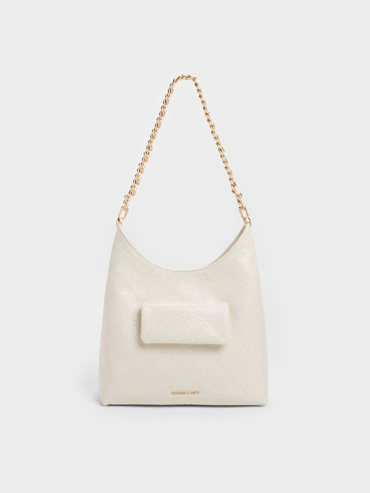 CHARLES & KEITH Smart Buy / Duo Quilted Front-Pocket Chain Hobo Bag - Cream