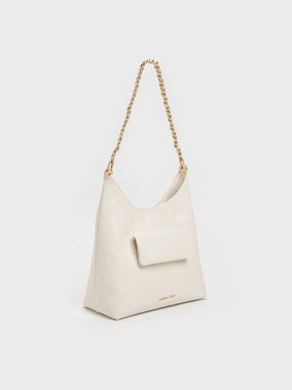 CHARLES & KEITH Smart Buy / Duo Quilted Front-Pocket Chain Hobo Bag - Cream