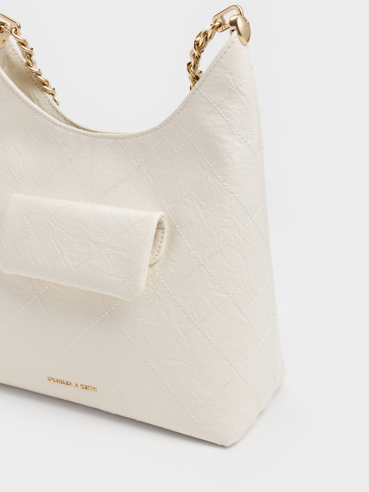 CHARLES & KEITH Smart Buy / Duo Quilted Front-Pocket Chain Hobo Bag - Cream
