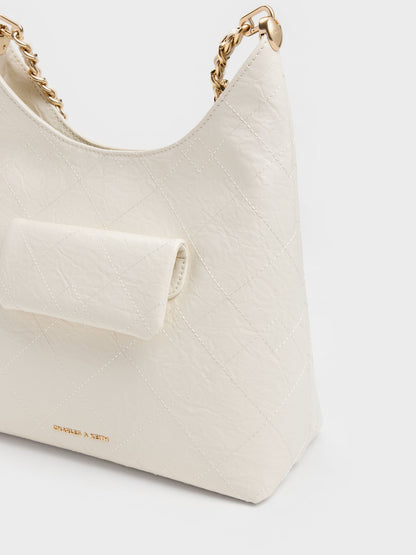 CHARLES & KEITH Smart Buy / Duo Quilted Front-Pocket Chain Hobo Bag - Cream
